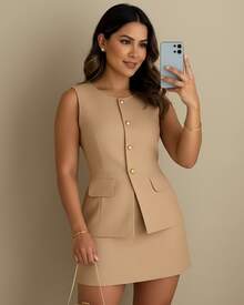 Women's Elegant Tailored Set, Vest, Shorts, Skirt - 淺褐色的. - 查看 2