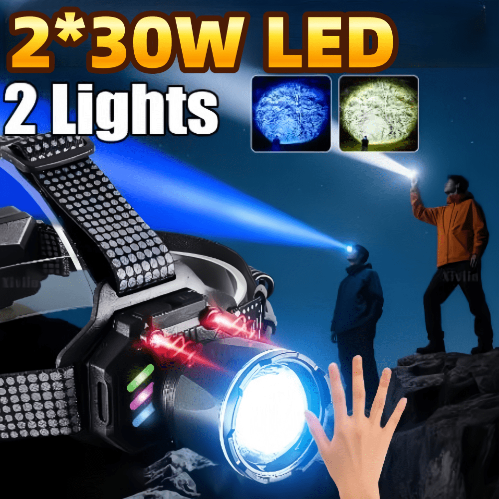 Super Powerful Fishing Headlight 2*30W LED Powerful High Lumen Zoom Sensor Headlamp USB Charging With COB Warning Light White And Yellow Light/White Blue Light Two Styles To Choose From Outdoor Camping Fishing Night Riding Working Light