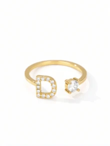 1枚可调节18K镀金不锈钢水晶锆石字母戒指，女士结婚首饰 - 1 - 查看 32