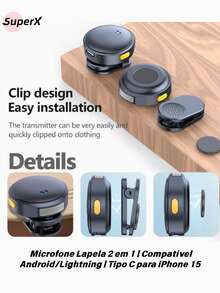Wireless Lavalier Microphone With Noise Cancellation | Universal Type-C Connection | Ideal For Videos And Vlogs - Para iPhone e Android - 查看 2