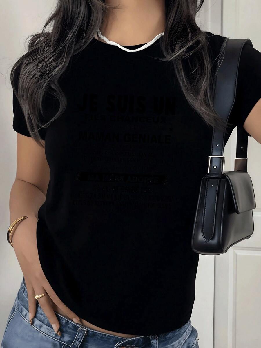 Camiseta de Mujer Estampada con Mensaje Inspirador,Diseño Casual y Moderno,Ideal Para el Verano - Negro - Ver 1