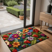 1pc Strawberry & Floral 3D Pattern Bath Mat - Super Soft Faux Sherpa, Absorbent & Water Resistant, For Bedroom, Bathroom, Kitchen And Entryway - Machine Washable Home Decor