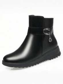 秋冬季保暖内衬踝靴，防滑妈妈鞋平底中跟短筒保暖黑色靴子 - 黑色 - 查看 3