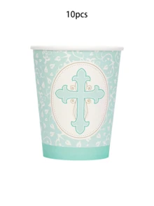 10 pièces/20 pièces/50 pièces/80 pièces Set de vaisselle Bleu pour Communion, comprenant assiettes, gobelets et serviettes. Convient pour la Première Communion, le Baptême de garçon, Pâques, la Confirmation, le Baptême, les fêtes d'église et autres occasions religieuses - Bleu azur - Voir 9
