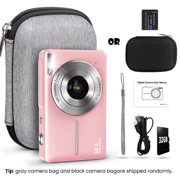 STUOGYUM Cámara digital STUOGYUM DC403 de 44MP, cámara digital para vlogging con enfoque automático, zoom digital 16X, cámara FHD 1080P con estabilización, cámara compacta y pequeña con tarjeta de memoria de 32G, batería de 700mAH y bolsa para cámara. Muy adecuada para principiantes y entusiastas de la fotografía y la grabación de video (rosa, verde, negro)