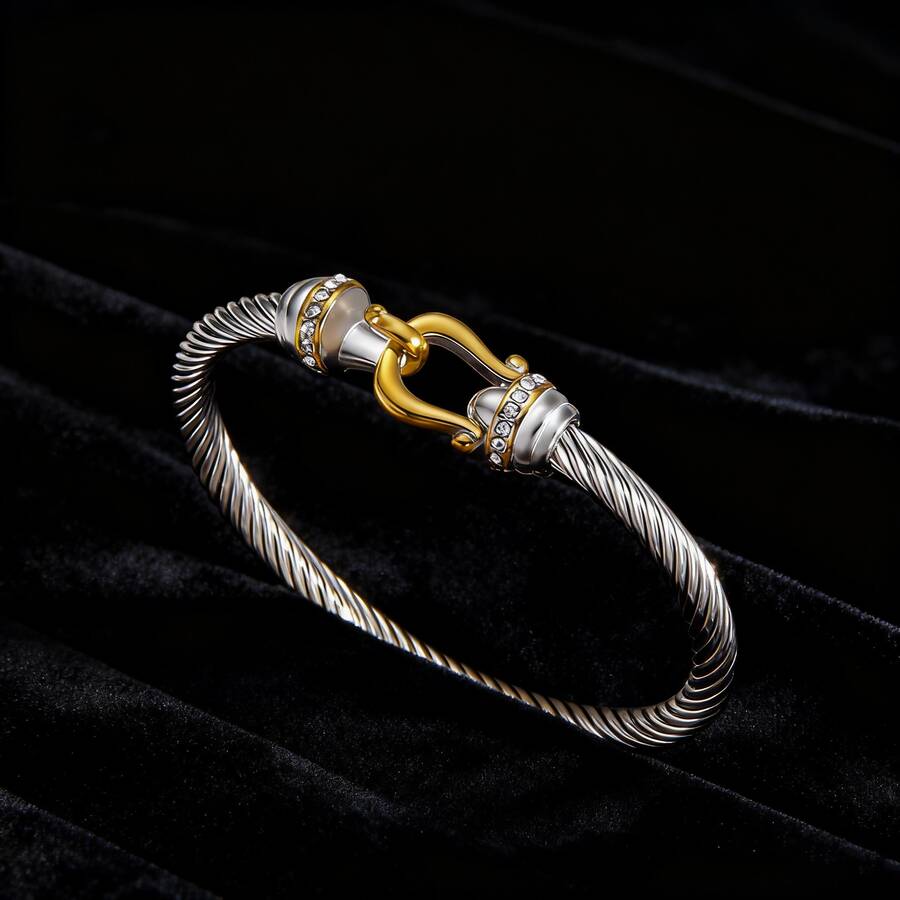 1pc/Set Hook Clasp Bracelet Gold-Plated Twisted Titanium Steel Bangle Adjustable Diamond-Studded Women's Two-Tone Bracelet Perfect As A Couple's Gift - 黃金2 - 查看 1