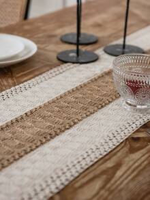 1pc Vintage Christmas Style Cream Woven Textured Tassel Rectangular Table Runner, Christmas Decor Table Decoration For Home - Multicolor - View 7