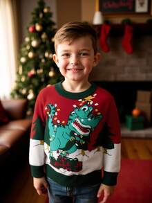 Young Boy Christmas Classic Red & Green Color Round Neck Dinosaur Graphic Knit Pullover Sweater, Long Sleeve, New Year