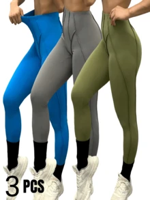 3 Pack Women's Quick Dry High Waist Tummy Control Yoga Pants Workout Leggings With Side Pockets - 3PACK-Blue-Grey-Green - 查看 1