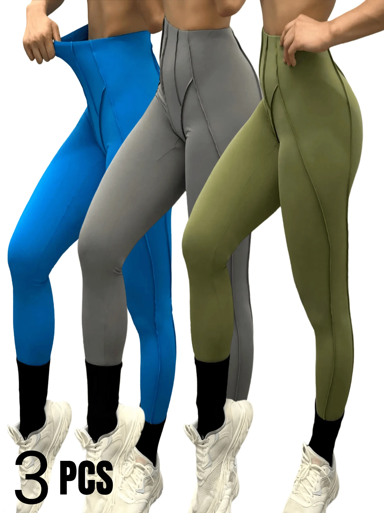 3 Pack Women's Quick Dry High Waist Tummy Control Yoga Pants Workout Leggings With Side Pockets - 3PACK-Blue-Grey-Green - 查看 1