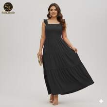 Women's Plus Size Long Dress, Three Marias Style, Elegant Evangelical Fashion, Party Dress, Sleeveless, Strapless, Ruffled, Dune - 黑色 - 查看 12