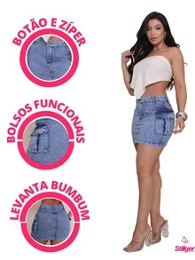 Stillger Moda Jeans Women's High Waist Cargo Twill Skirt With Elastane And Side Pockets Short - Màu xanh bụi bặm - Xem 5