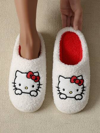  Winter New Sanrio-Hello Kitty Bow Cat Paw Embroidery Side Seam Closed Toe Slip-On Slippers For Women, Cute & Elegant Cat Themed Slippers, Wide Fit Indoor Home Slippers With Warm Plush Lining, Suitable For Adult Women Daily Casual, Party, Holiday Gift (Runs Small)