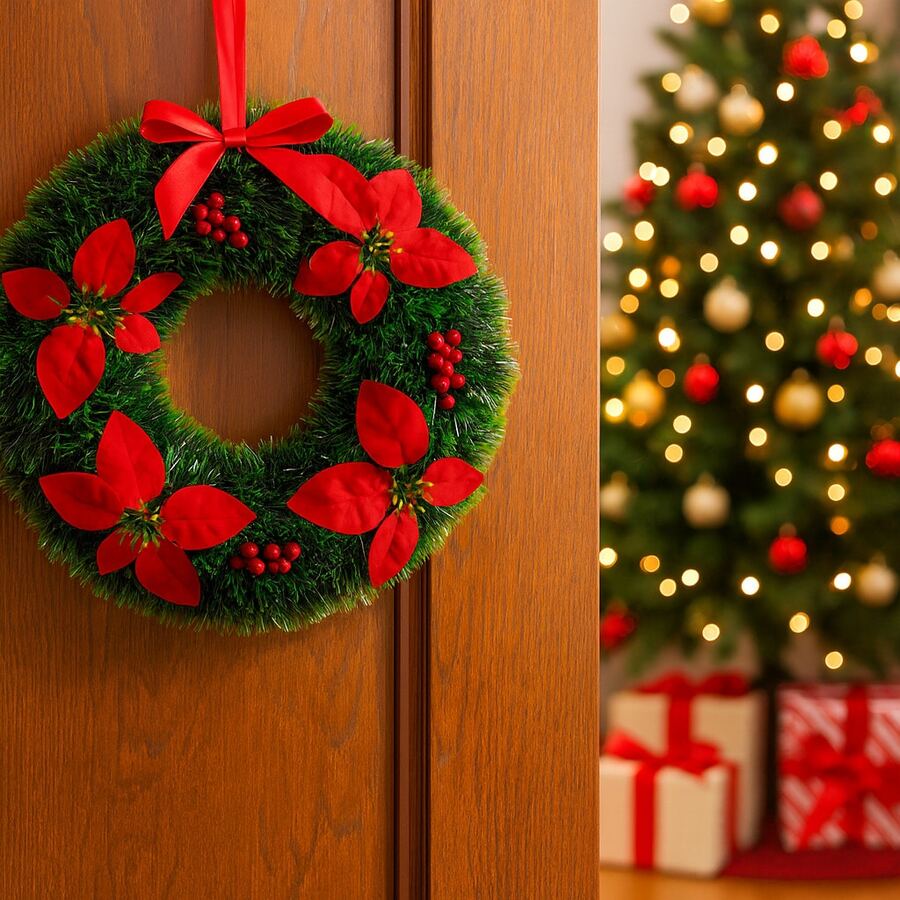 Corona di Natale da 43 cm con fiori rossi e foglie verdi, decorazione natalizia per la porta