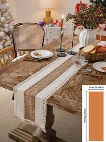 1pc Vintage Christmas Style Cream Woven Textured Tassel Rectangular Table Runner, Christmas Decor Table Decoration For Home - Multicolor - View 17