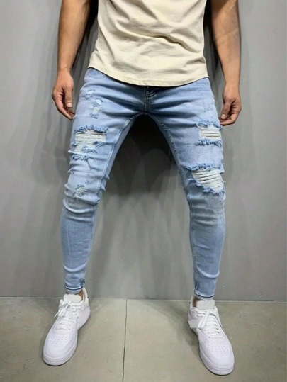 Fashionable Distressed Slim Fit Light Wash Denim Jeans