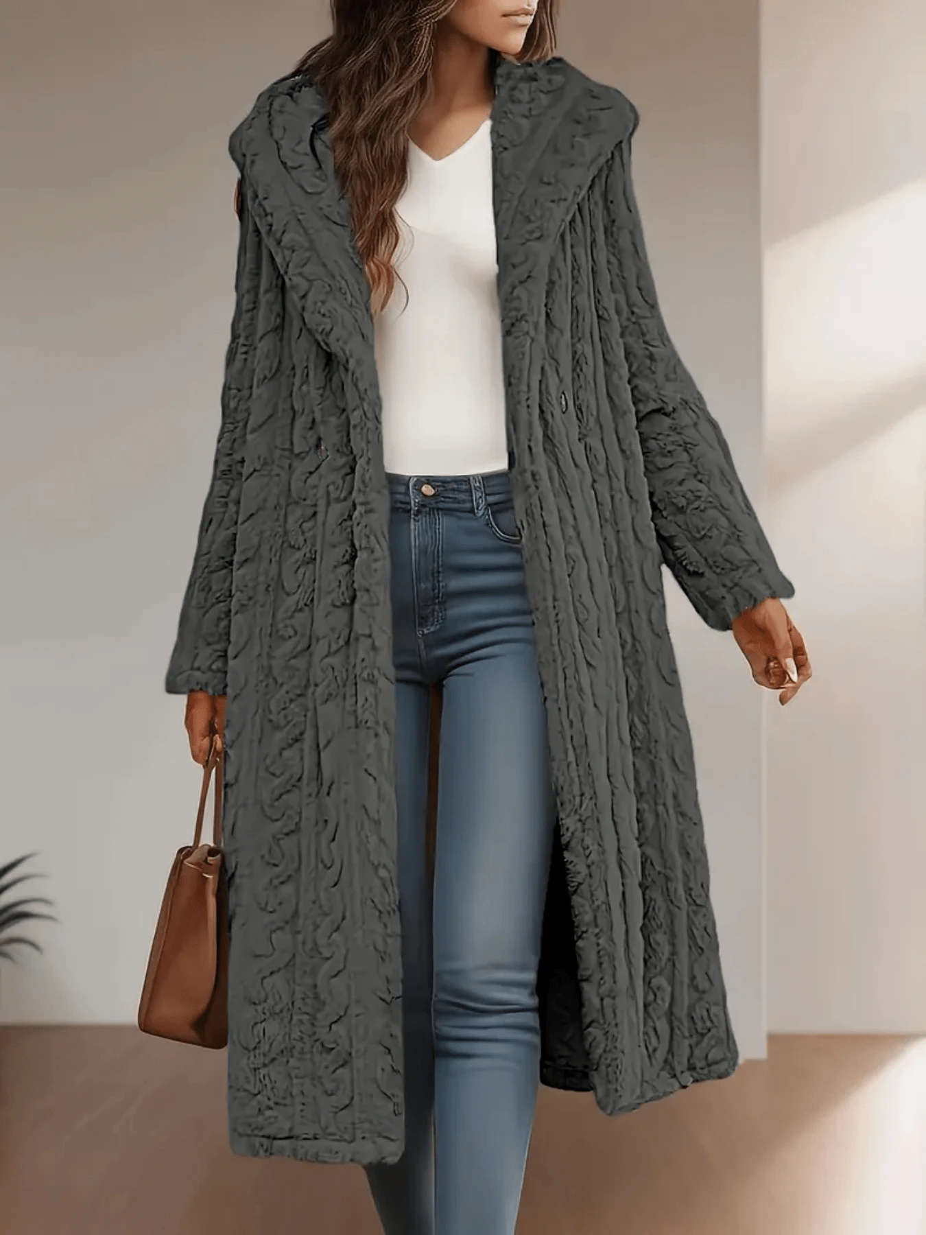 Women's Elegant Cable-Knit Hooded Long Sleeve Knitted Fabric Long Trench Coat Warm Lined Casual Regular Sleeve Outerwear - 灰色 - 查看 1