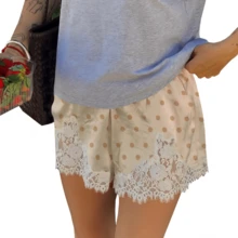 Boho Women's Lace Trim Satin Silk Shorts Shiny Elastic Waist Mini Shorts Pettipants Half Slip Shorts French Knickers Boyshorts For Dresses Full Coverage Underwear Lounge Pants - 杏色 - 查看 1