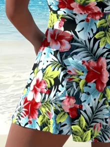 Bộ đồ bơi Tankini họa tiết hoa 2 món dành cho nữ, áo bandeau che phủ toàn bộ và quần hipster, phong cách Hawaii cho kỳ nghỉ biển giản dị, thanh lịch và dễ thương - đỏ và vàng - Xem 6