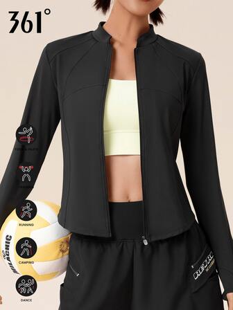 361degree Jachetă sport 361° pentru femei, primăvară/toamnă, 1 buc., guler înalt cu mânecă lungă, manșete cu orificii pentru degetul mare, material foarte elastic, potrivită pentru purtare zilnică, alergare, dans, fitness, sport și timp liber