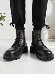 Botas negro para hombre, Botas casuales de caña alta para hombres, Botas De Trabajo Multifuncional - de media pantorrilla con punta redonda, con cordones y cremallera lateral, botines de moda para exteriores y senderismo, combina con chaqueta - Negro - Ver 10