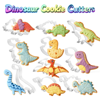 10 piezas Juego de cortadores de galletas con forma de dinosaurio - Moldes de acero inoxidable para hornear chocolate, sándwiches, fondant y frutas | Herramientas de cocina divertidas para niños | Suministros y recuerdos para fiestas de cumpleaños con temática de dinosaurios | Aptos para lavavajillas y horno