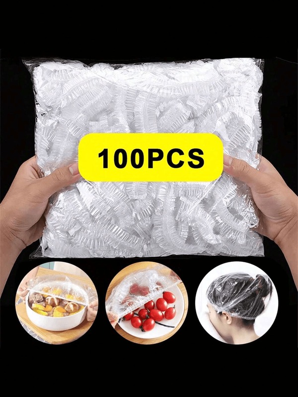 20/100/200pcs Food Protective Covers, Polyethylene Plastic Bag Covers, Disposable Bowl Covers, Keep Food Fresh Kitchen, Summer Beach Party, Food, Camping, Organizer, Room Decor, Kitchen Items, Bathing Cap, Storage In Refrigerator Thick Large Multifunctional Transparent Hair Shower Cap, Waterproof Hair Protection Cap For Daily Use, Outdoor, Hotel, Travel, Essential Hair Care Accessory