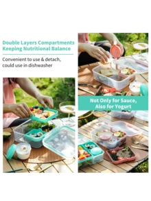 42oz/55oz Caja bento transparente con compartimento para salsa, recipiente de almacenamiento de alimentos de 3 capas de gran capacidad, tapa con asa portátil, material sellado a prueba de fugas, apto para microondas, adecuado para escuela, oficina, trabajo, picnic, campamento, viajes, adultos y niños, caja de almuerzo ideal para volver a la escuela - Multicolor - Ver 4