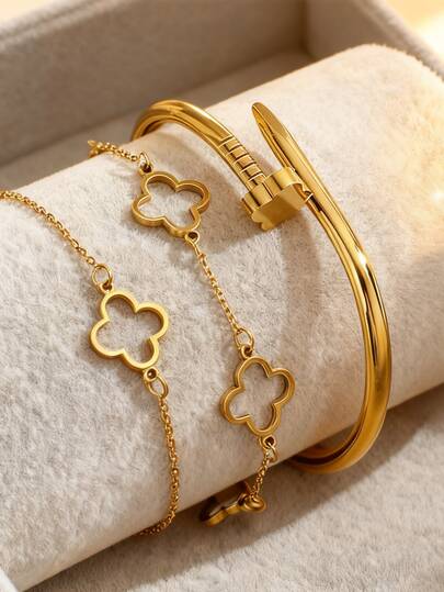 VceTd 1 套优雅不锈钢四叶花设计女士手链套装，适合日常佩戴或作为礼物送给爱人