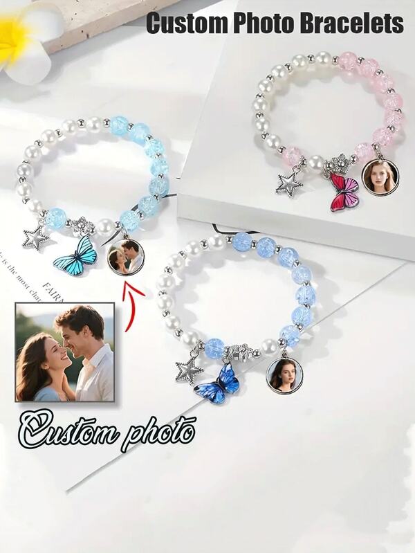 Customized Photo Women's Fashion Bracelet, Butterfly Rosary Bracelet - Butterfly, Star And Palm Charms Available - Birthday, Party, Holiday, Mother's Day Perfect Gift! Everyday Jewelry, Great For Girlfriends And Best Friends