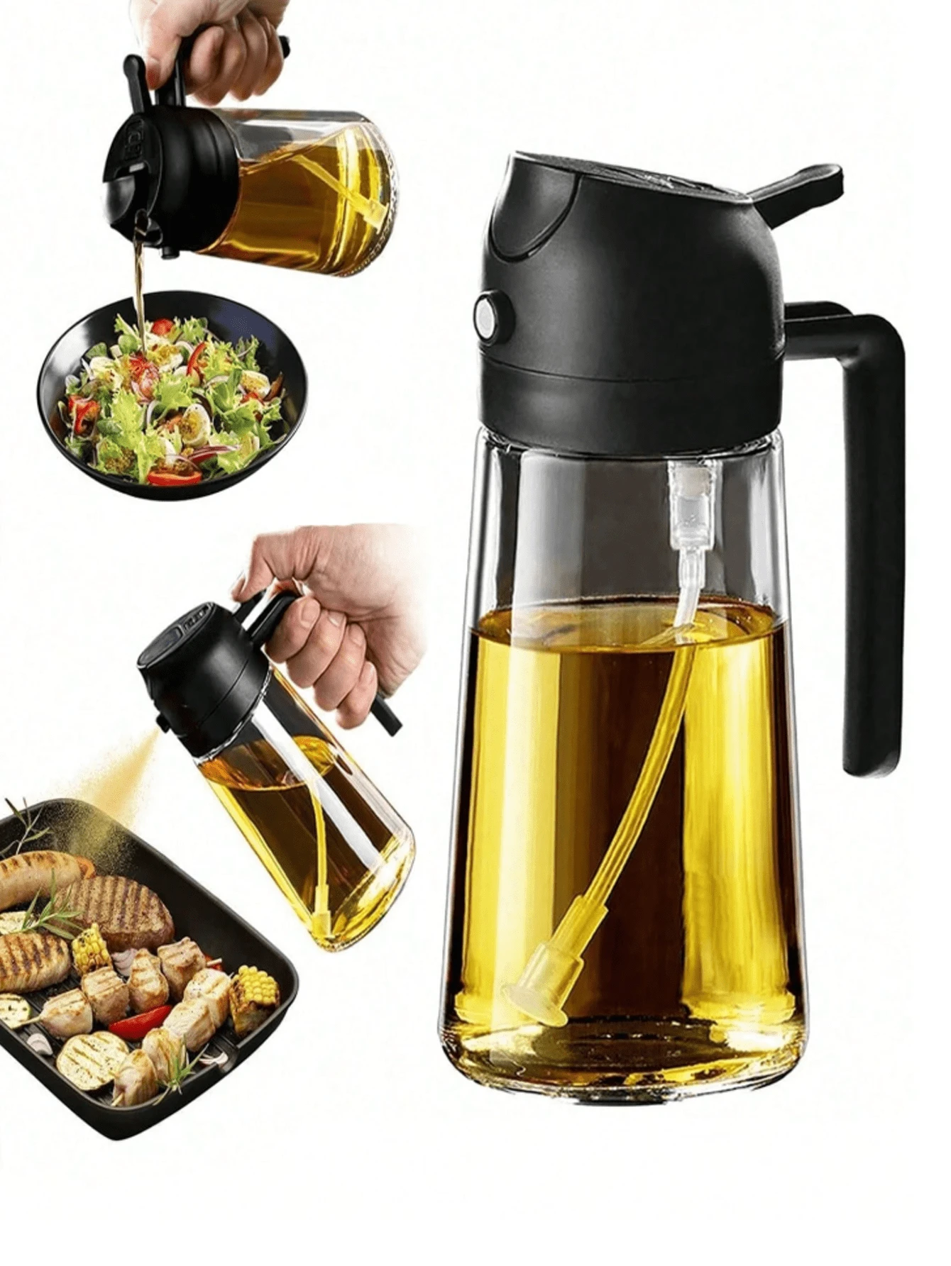 1pc Olive Oil Spray Bottle, Essential For Kitchen - 2-In-1 Olive Oil Sprayer, Suitable For Cookware, Air Fryer, Salad And Grilling - Black Olive Oil Mister Bottle, Ideal For Outdoor BBQ, Grill, Low-Fat Meals, Kitchen Use, Air Fryer And Camping. Lightweight And Portable, Suitable For Women, The Perfect Sprayer/Mister For Home Kitchen And Grilling.