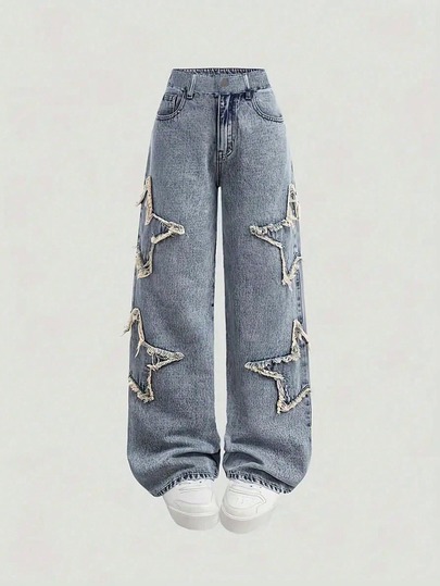 Teens' Casual Star Embroidered Washed Blue Jeans, Unisex