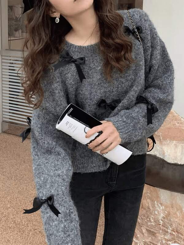 EAVA Retro Design Lazy Style Handmade Bow Loose Knitted Sweater Women's Sweater, Cute And Elegant Style