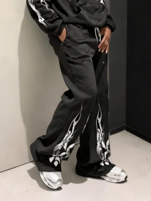 Flame Print Baggy Sweatpants Men Women High Street Streetwear Loose Casual Jogger Pants - 黑色 - 查看 3