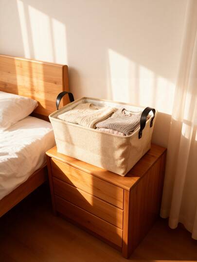 1个黄色亚麻质感收纳箱，带PU提手和涤纶内衬，多功能家居收纳，适用于卧室、客厅、办公室、衣柜等场所。纹理丰富，用途广泛，易于清洁，经久耐用。这款装饰性可折叠便携收纳箱是整理衣物、书籍、玩具和配件的理想之选。尺寸：36x26x20厘米