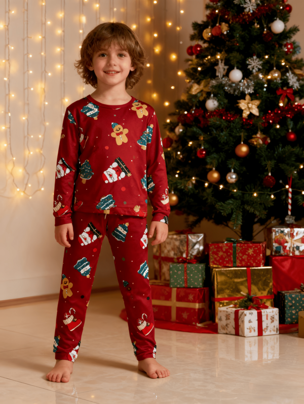 2pcs/Set Young Boys Christmas Pjs Long Sleeve Top And Pants Pajamas Set, Santa Christmas Tree And Gingerbread Man Prints, Comfortable Underwear Or Sleepwear For Autumn/Winter