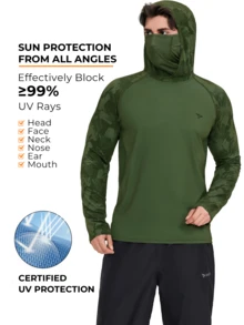 RODEEL Summer Clothes  Men Sun Hoodie Shirts With Mask Neck Gaiter Men UPF 50+ UV Protection Raglan Long Sleeve Lightweight Quick Dry Moisture Wicking Breathable Cooling Athletic Activewear For Outdoor  Hiking Fishing Beach, Water Sports, Adventure Hunting,Boating Biking Sport The Best Choice For Men To Give As Gifts - 藍綠棕 - 查看 3