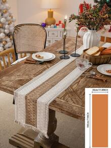 1pc Vintage Christmas Style Cream Woven Textured Tassel Rectangular Table Runner, Christmas Decor Table Decoration For Home - Multicolor - View 19