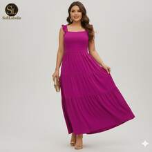 Women's Plus Size Long Dress, Three Marias Style, Elegant Evangelical Fashion, Party Dress, Sleeveless, Strapless, Ruffled, Dune - 玫瑰紅 - 查看 11