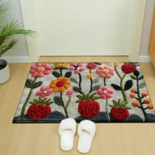 1pc Strawberry & Floral 3D Pattern Bath Mat - Super Soft Faux Sherpa, Absorbent & Water Resistant, For Bedroom, Bathroom, Kitchen And Entryway - Machine Washable Home Decor