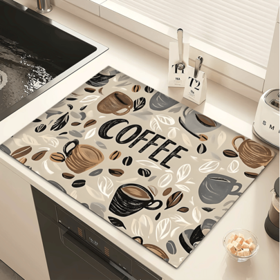 1 pezzo Tappetino assorbi acqua per macchina da caffè, tappetino da tavolo per asciugare la biancheria da tavola, tappetino in diatomite da cucina e sala da pranzo, tappetino da asciugare i piatti con stampa di caffè, lavabile, antiscivolo e drenante, adatto per la cucina e il bar del caffè