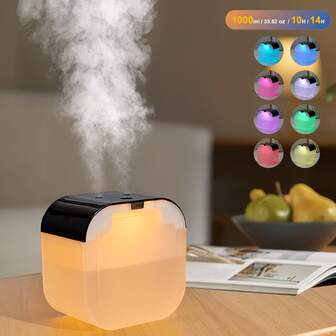 桌面加湿器，双雾化口，大容量，带七彩夜灯，双档雾量，可视水位，适用于卧室和办公室，桌面设计——完美的生日或圣诞礼物
