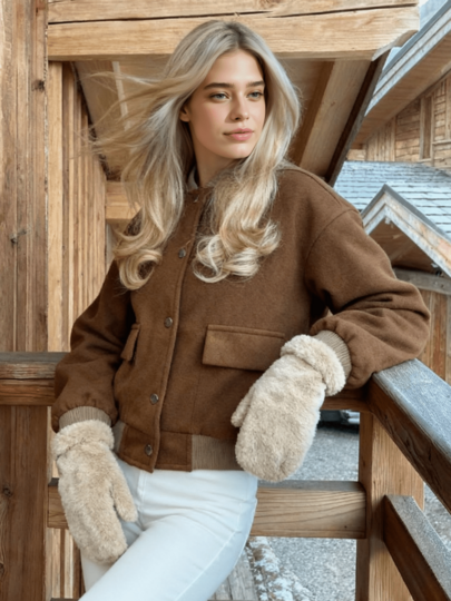 Jaqueta Bomber Marrom Fashionável Feminina, de Manga Longa, Gola de Beisebol, com Bolsos e Botões na Frente