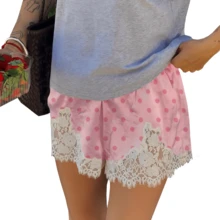 Boho Women's Lace Trim Satin Silk Shorts Shiny Elastic Waist Mini Shorts Pettipants Half Slip Shorts French Knickers Boyshorts For Dresses Full Coverage Underwear Lounge Pants - 西瓜粉 - 查看 9