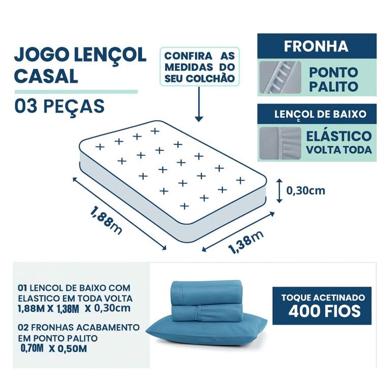 Jogo de Cama 400 Fios Lençol Elástico Ponto Palito Hotel Solteiro Casal Queen King Premium - Azul Marinho - Visão 5