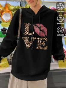 A And Valiant！豹纹爱心卫衣，经典黑色，百搭单品，“LOVE”字母豹纹印花搭配红唇图案，酷炫甜美~ 连帽设计，宽松舒适，填充面料，秋冬季超大版型，适合各种体型，可搭配牛仔裤、紧身裤，打造休闲街头风或约会造型，时尚女式卫衣！ - 黑色 - 查看 6