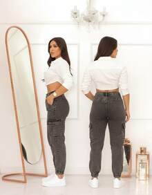 Stillger Moda Jeans Women's High-Waisted Jogger Cargo Jeans With Elastane And Side Pockets - 深灰色 - 查看 2
