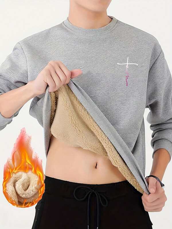 Men's Simple Print Thermal Lined Crew Neck Sweatshirt, Autumn/Winter