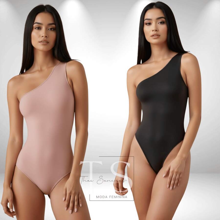 Set Of 2 Women's One-Shoulder Bodysuits In Suplex Fabric With Double Lining And Thin Straps - Premium Style - 黑色和淺粉紅色 - 查看 1