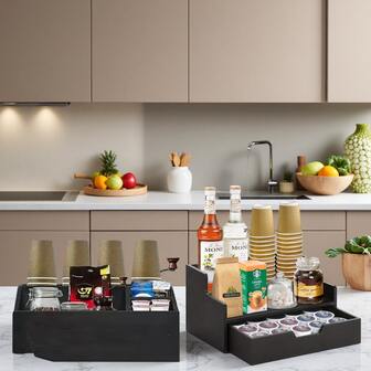 1pc Classic Wooden Coffee Bar Organizer Box, Multi-Compartment Storage For Coffee Accessories, Condiments, And Pods, Shelf Baskets